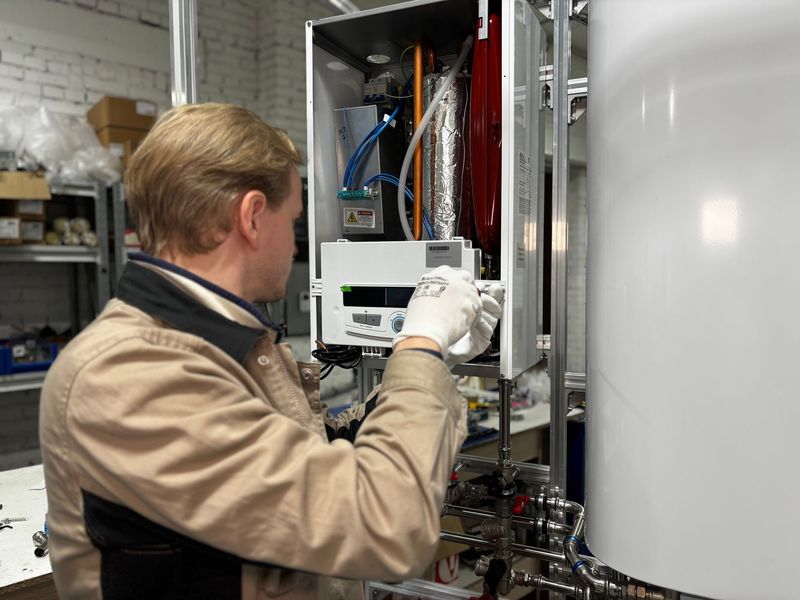 Plumber inspecting sump pump equipment and discharge piping in a residential basement